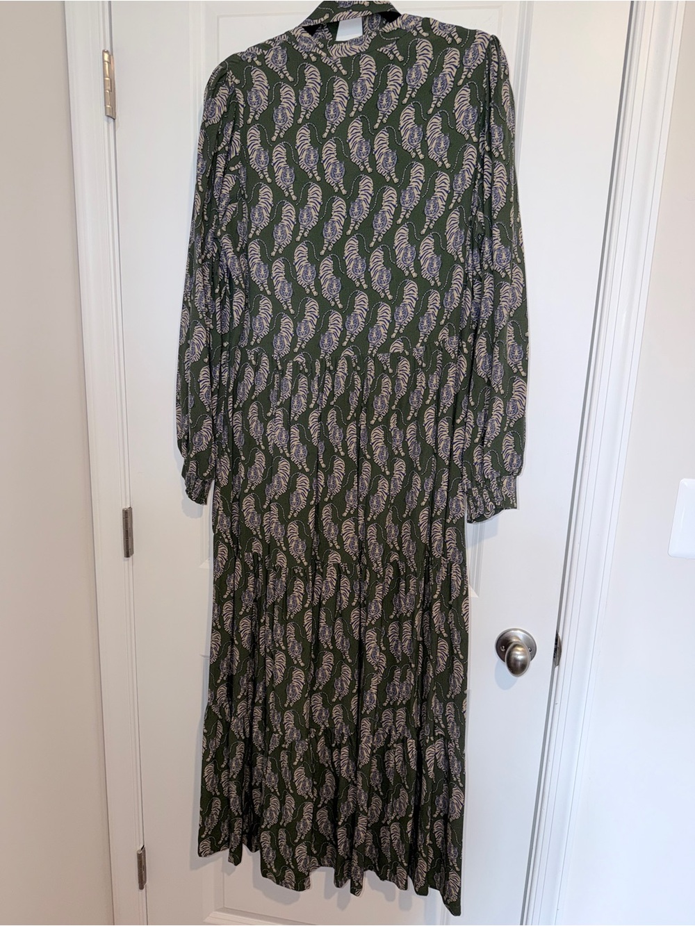 Boden Green Purple and Tan Tiger Print Maxi Dress with Tie Waist - Picture 7 of 11